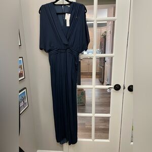 Naked Zebra Deep Blue satin V-Neck pantsuit size S pockets NWT